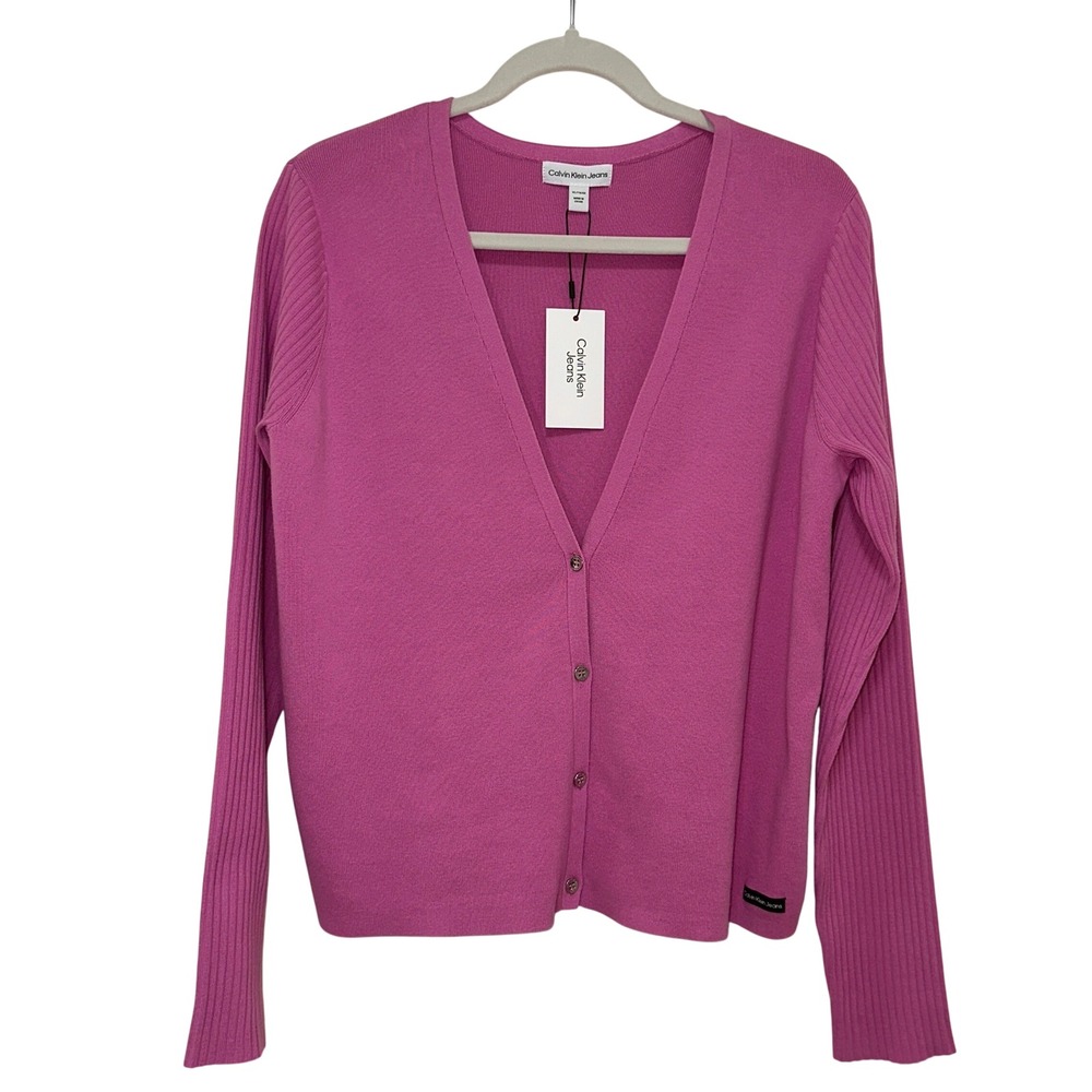 Calvin Klein Jeans Cardigan Women XL Pink NWT V-Neck Ribbed Sleeve Sweater